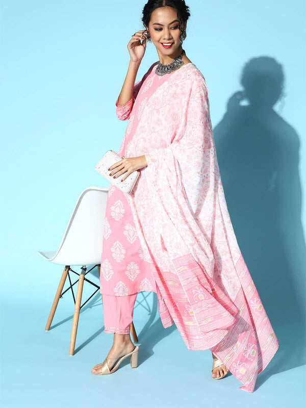 Women's Pink Printed A-line Kurta Trouser With Dupatta Set - Odette