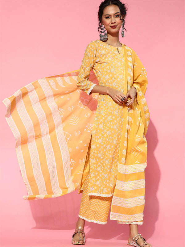 Women's Yellow Printed Kurta Palazzo Dupatta Set For Ladies - Odette