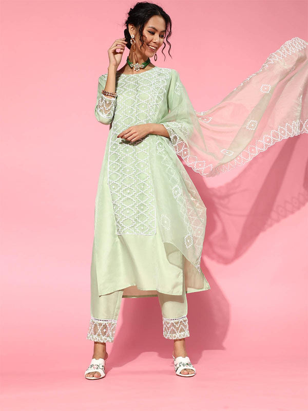 Women's Sea Green Embroidered Kurta Trouser With Dupatta Set - Odette