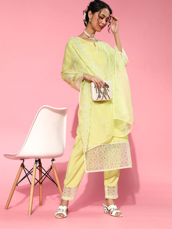 Women's Yellow Embroidered Straight Kurta Trouser Dupatta Set - Odette