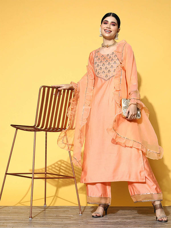 Women's Peach Embroidered Straight Kurta Palazzos With Dupatta Set - Odette