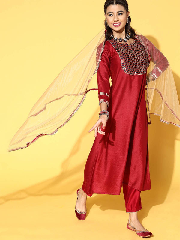 Women's Red Kurta Trouser With Hand Made Dupatta Set - Odette