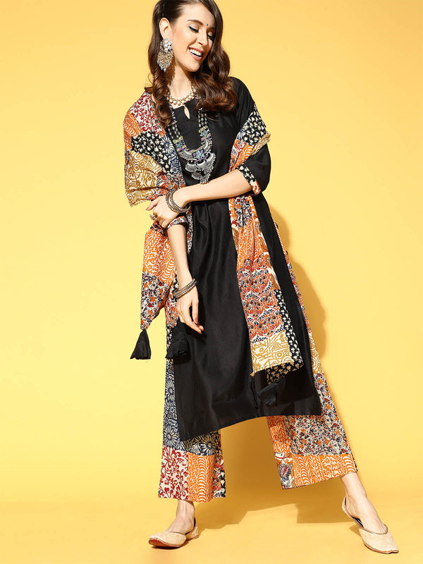 Women's Black Kurta Trouser With Hand Made Dupatta Set - Odette