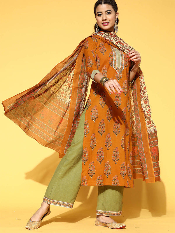 Women's Mustard Printed Straight Kurta Palazzo With Dupatta Set - Odette