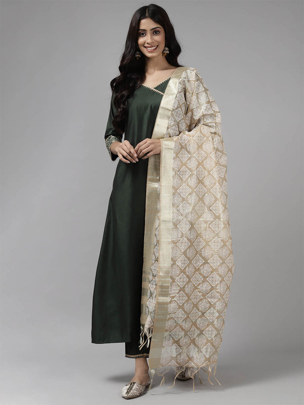 Women's Green Solid Angrakha Kurta Trouser Set - Odette