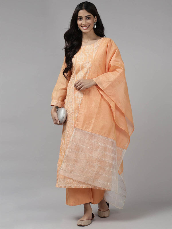 Women's Peach Printed Straight Kurta Palazzo With Dupatta Set - Odette