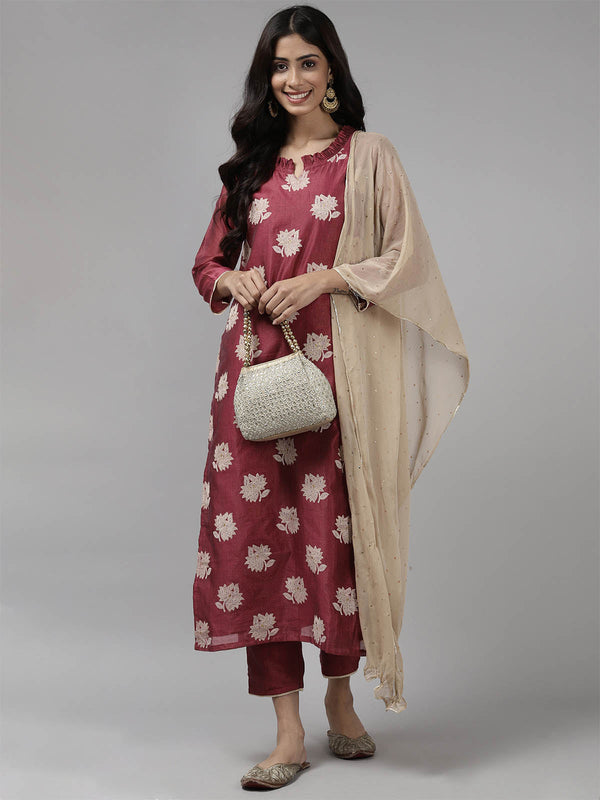 Women's Maroon Printed Straight Kurta Trouser Dupatta Set - Odette