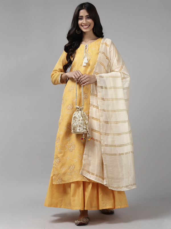 Women's Yellow Printed Straight Kurta Sharara With Dupatta Set - Odette