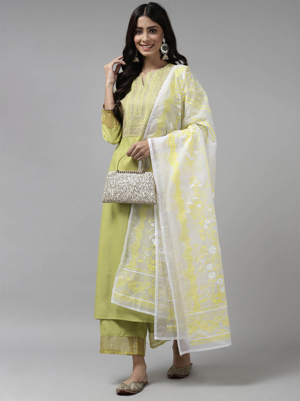 Women's Lime Green Embroidered Straight Kurta Palazzo Set - Odette