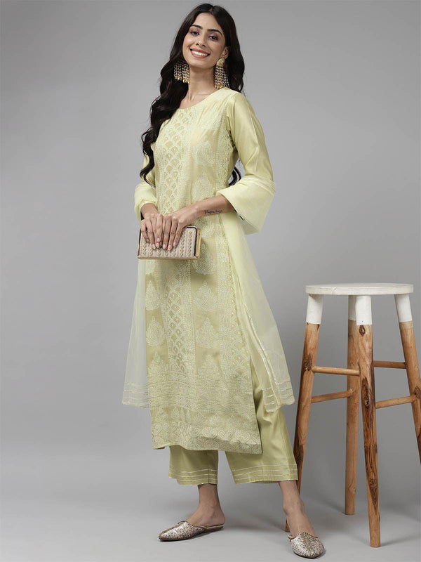 Women's Sea Green Printed Straight Kurta Sharara With Dupatta Set - Odette