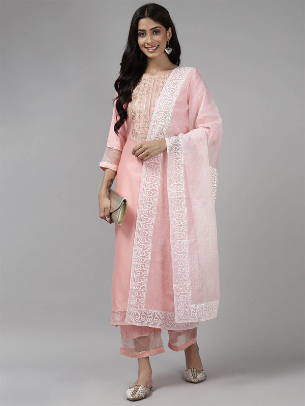 Women's Pink Embroidered Straight Kurta Palazzo Set - Odette