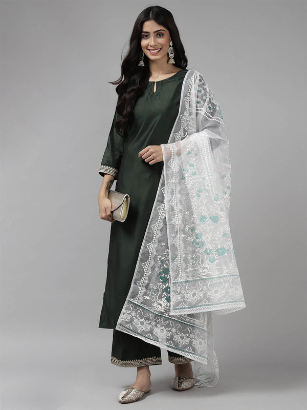 Women's Green Solid Straight Kurta Palazzo With Dupatta Set - Odette