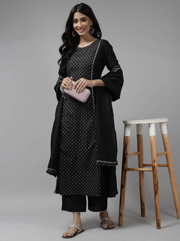 Women's Black Printed A-Line Kurta Trouser Set - Odette