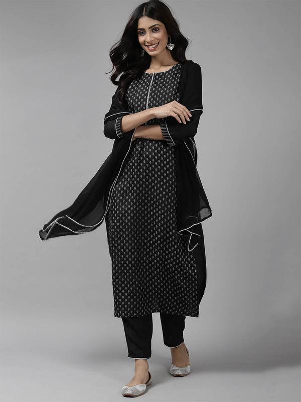 Women's Black Printed Straight Kurta Palazzo With Dupatta Set - Odette