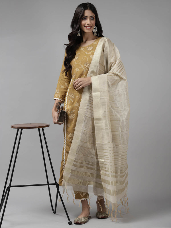 Women's Mustard Printed Straight Kurta Trouser With Dupatta Set - Odette