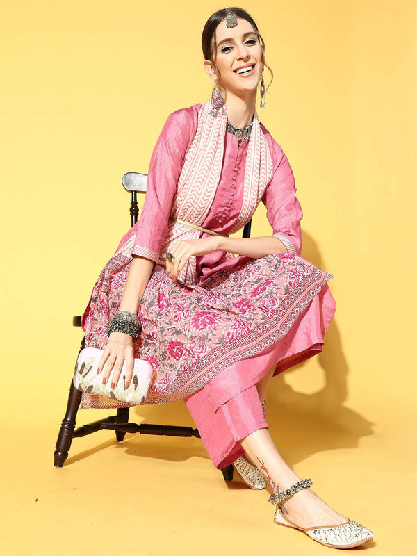 Women's Pink Solid Straight Kurta Palazzo With Dupatta Set - Odette