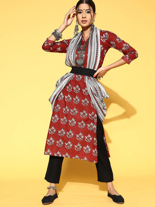 Women's Maroon Printed Straight Kurta Trouser Set - Odette