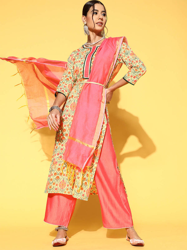 Women's Yellow Printed Straight Kurta Palazzo With Dupatta Set - Odette