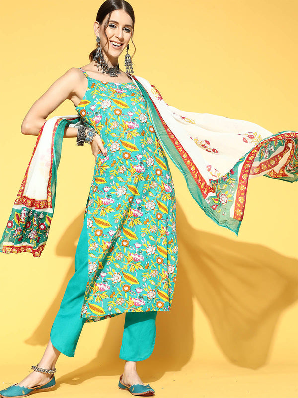 Women's Green Printed Straight Kurta Palazzo Set - Odette