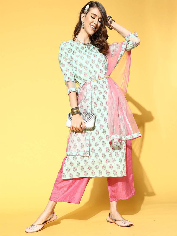 Women's Sea Green Printed Straight Kurta Palazzo With Dupatta Set - Odette