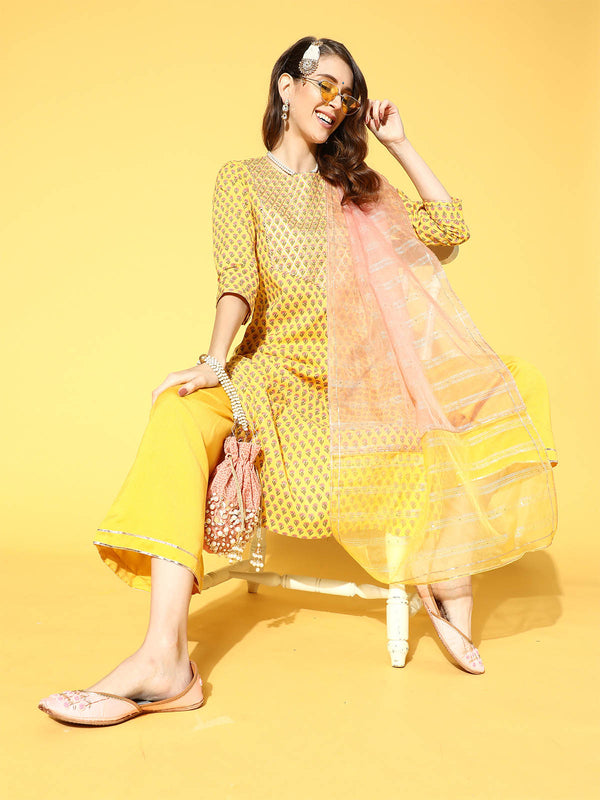 Women's Yellow Printed Straight Kurta Palazzo With Dupatta Set - Odette