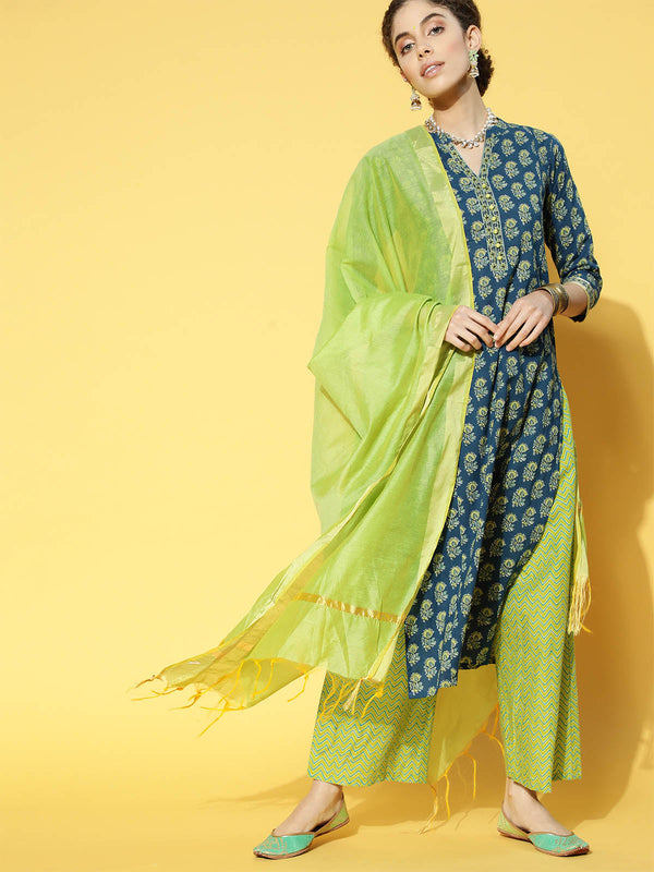 Women's Blue Printed Straight Kurta Palazzo With Dupatta Set - Odette