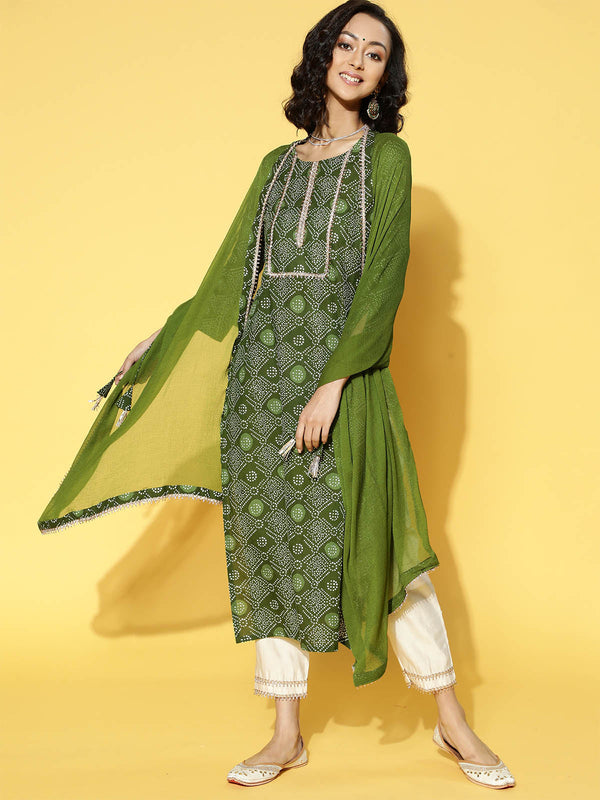 Women's Green Printed Straight Kurta Palazzo With Dupatta Set - Odette