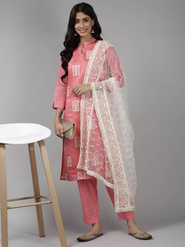 Women's Pink Embroidered Straight Kurta Trouser Set - Odette