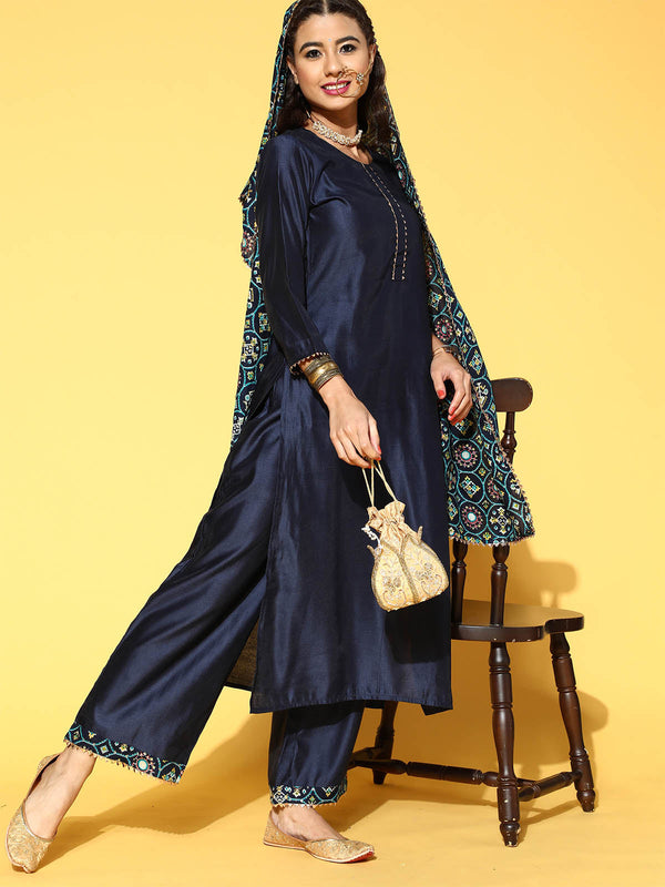 Women's Dark Blue Solid Straight Kurta Palazzo Dupatta Set - Odette