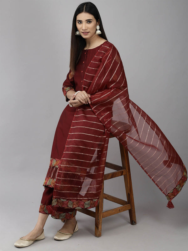 Women's Maroon Embroidered Straight Kurta Palazzo With Dupatta Set - Odette