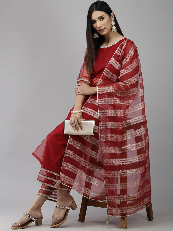 Women's Red Plain Straight Kurta With Palazzo Set - Odette