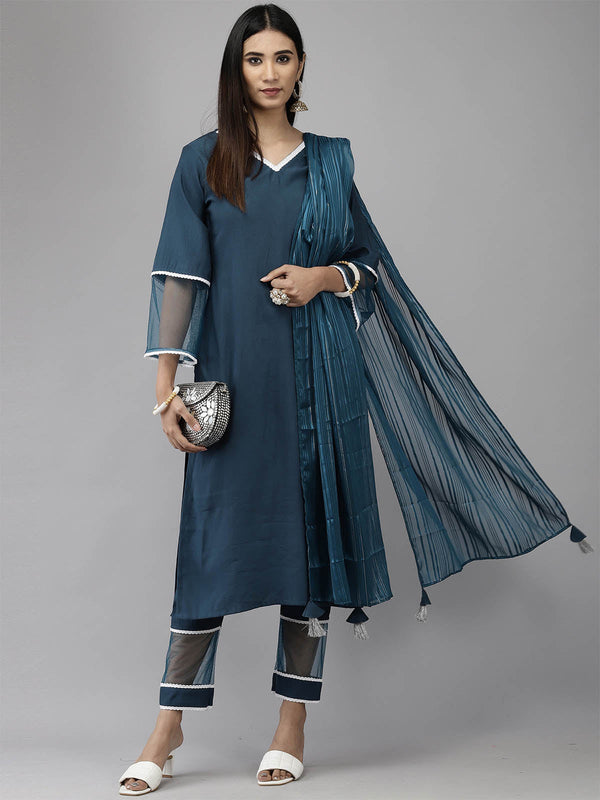 Women's Dark Blue Straight Kurta Trouser Dupatta Set - Odette