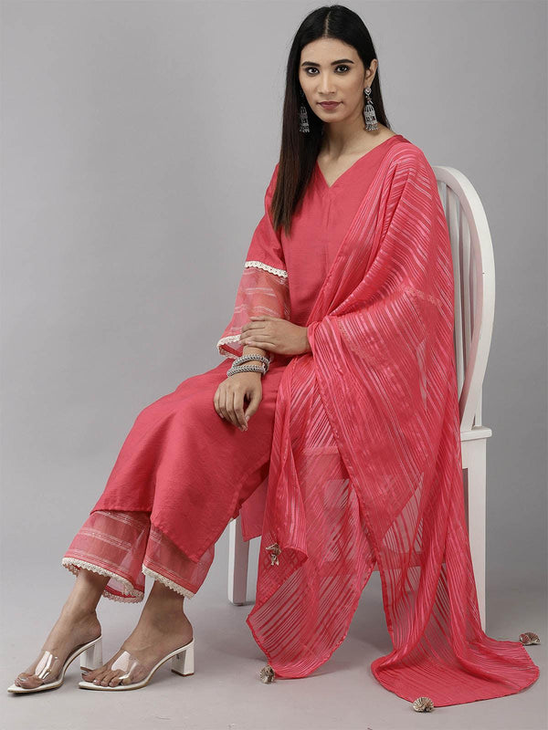 Women's Pink Straight Kurta Palazzo With Dupatta Set - Odette