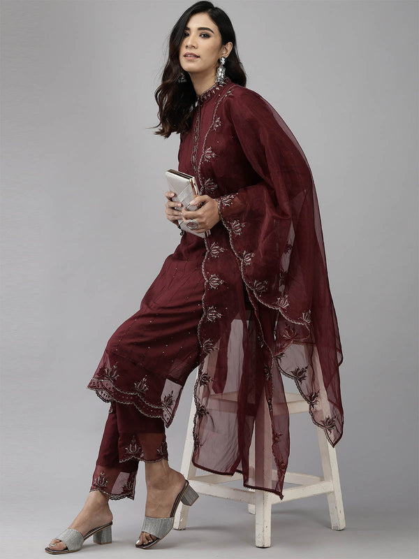 Women's Maroon Embroidered Straight Kurta Trouser With Dupatta Set - Odette