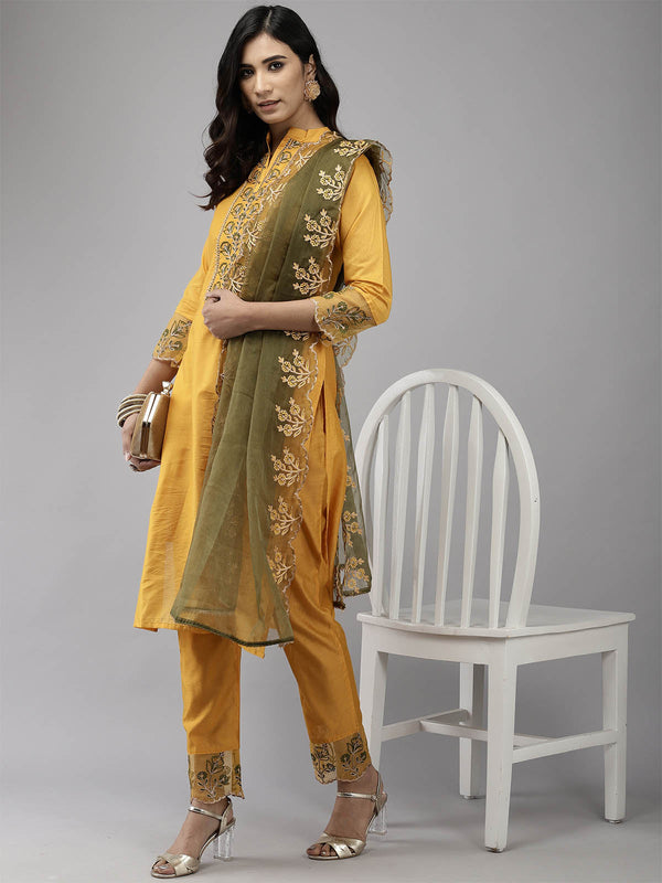 Women's Yellow Embroidered Straight Kurta Trouser With Dupatta Set - Odette