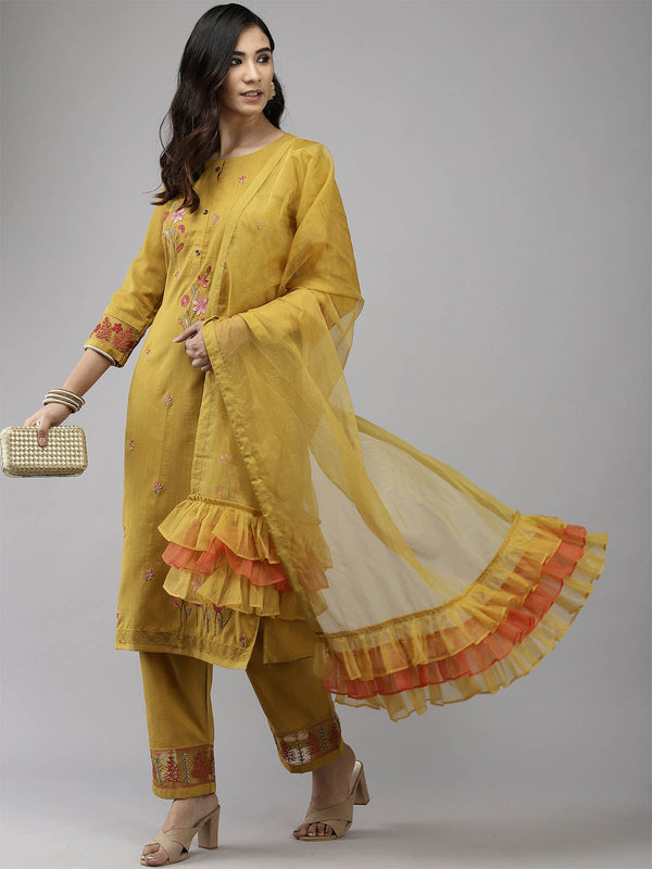 Women's Yellow Embroidered Straight Kurta Trouser Dupatta Set - Odette