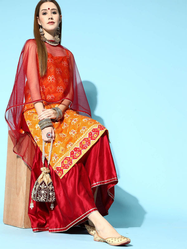 Women's Orange Printed Straight Kurta Sharara With Dupatta Set - Odette