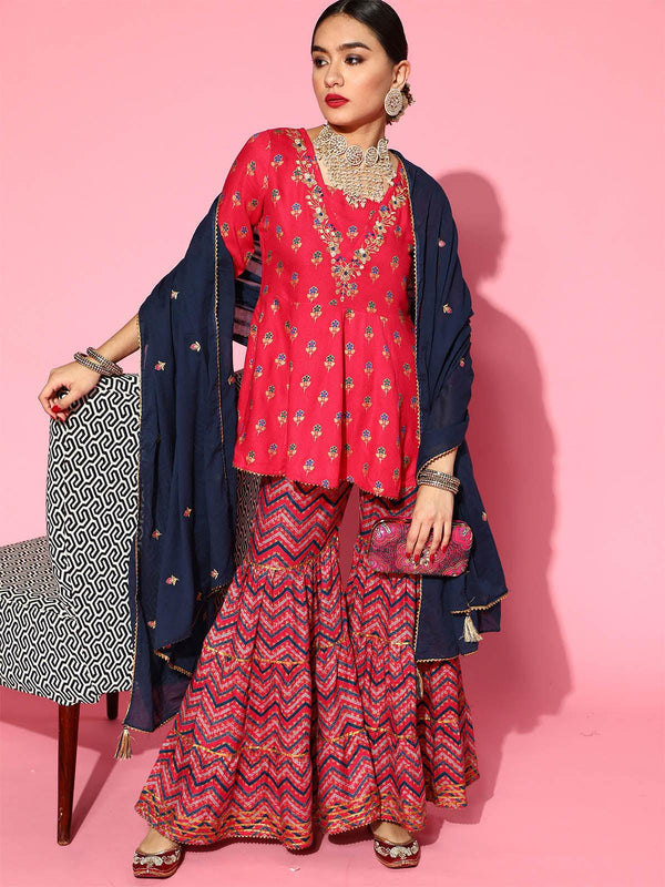 Women's Pink Printed A-line Kurta With Sharara With Dupatta Set - Odette