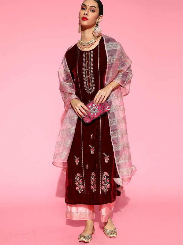 Women's Maroon Velvet Embroidered Kurta Set - Odette