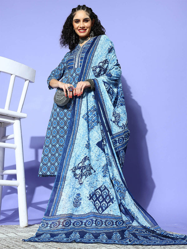 Women's Blue Printed Kurta Trouser With Dupatta Set For Women - Odette