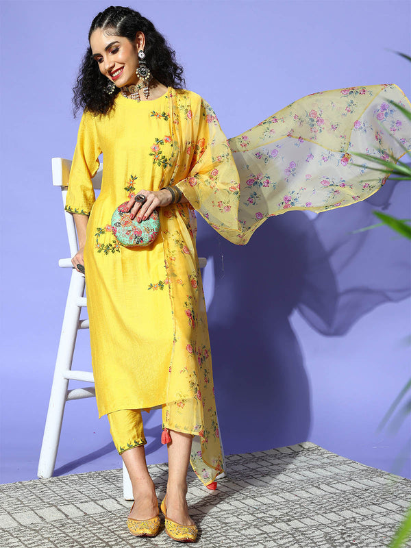 Women's Yellow Floral Embroidered Straight Kurta Set - Odette