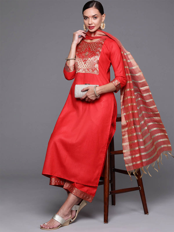 Women's Solid Red Straight Kurta Palazzo With Dupatta Set - Odette