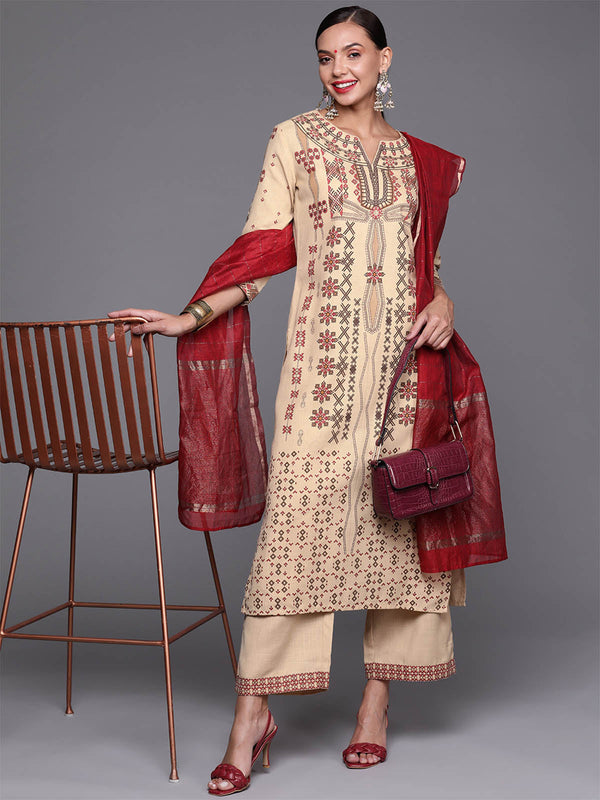 Women's Beige Foil Printed Straight Kurta Palazzo With Dupatta Set - Odette