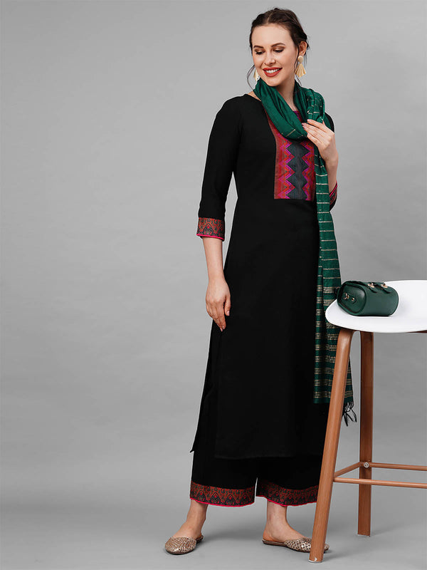 Women's Black Yoke Solid Straight Kurta Palazzo Set - Odette