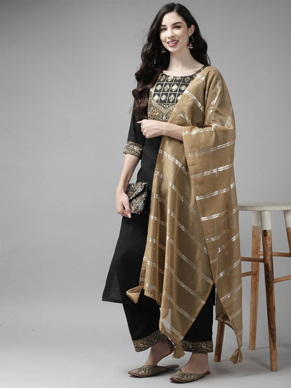 Women's Black Solid Straight Kurta Set - Odette