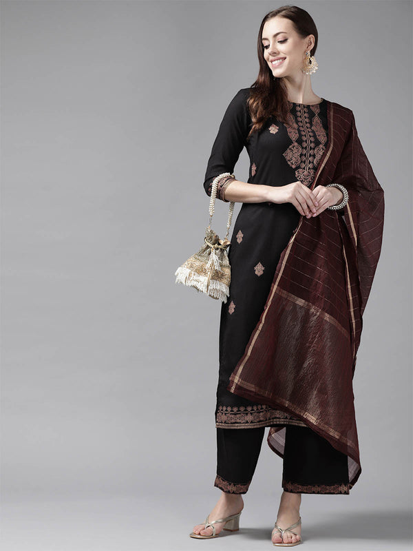 Women's Black Foil Printed Straight Kurta Palazzo With Dupatta Set - Odette