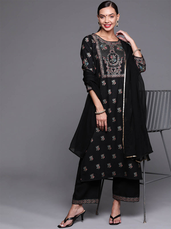 Women's Black Foil Printed Straight Kurta Palazzo With Dupatta Set - Odette