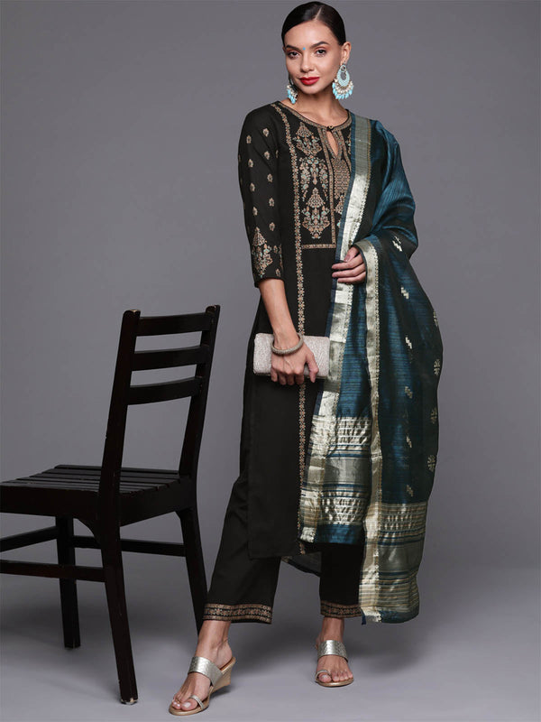 Women's Black Foil Printed Straight Kurta Palazzo With Dupatta Set - Odette