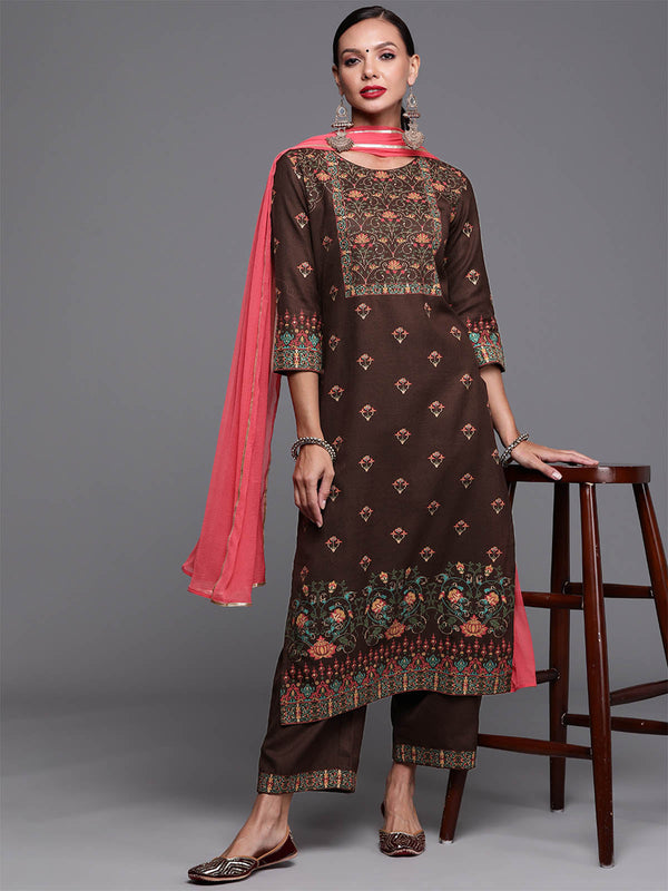 Women's Brown Foil Printed Straight Kurta Palazzo With Dupatta Set - Odette