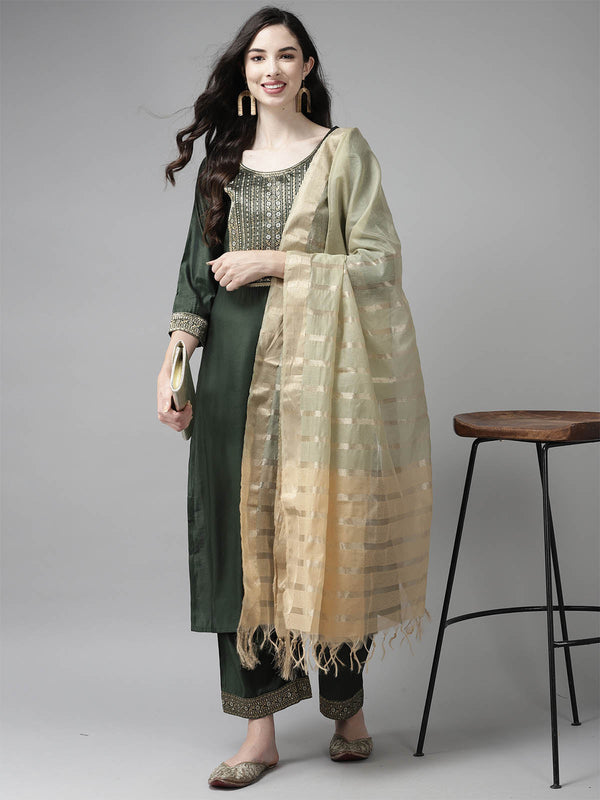 Women's Solid Green Straight Kurta Palazzo Set - Odette